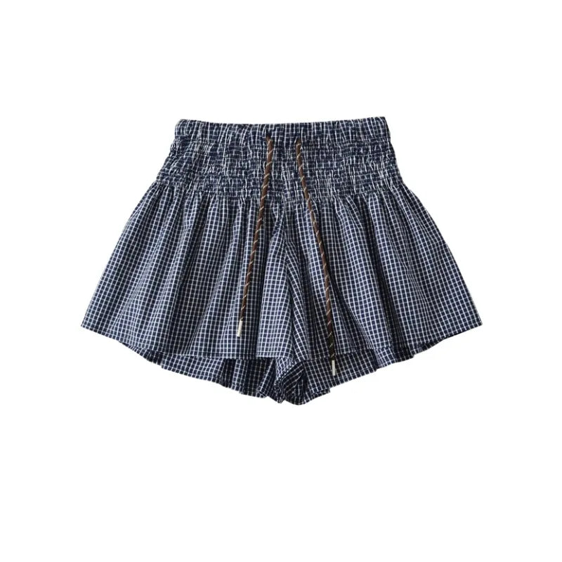 Korean Women's Casual Shorts With Elastic Waist And Drawstring Pleated Plaid A-line Wide-leg Hot Pants For Trendy Girls EHL7
