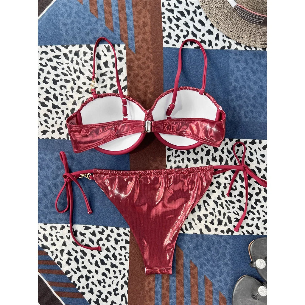 PU Faux Leather Underwired With Bra Cup Bikini Women Swimwear Female Swimsuit Two-Pieces Bikini Set Bather Bathing Suit V5221