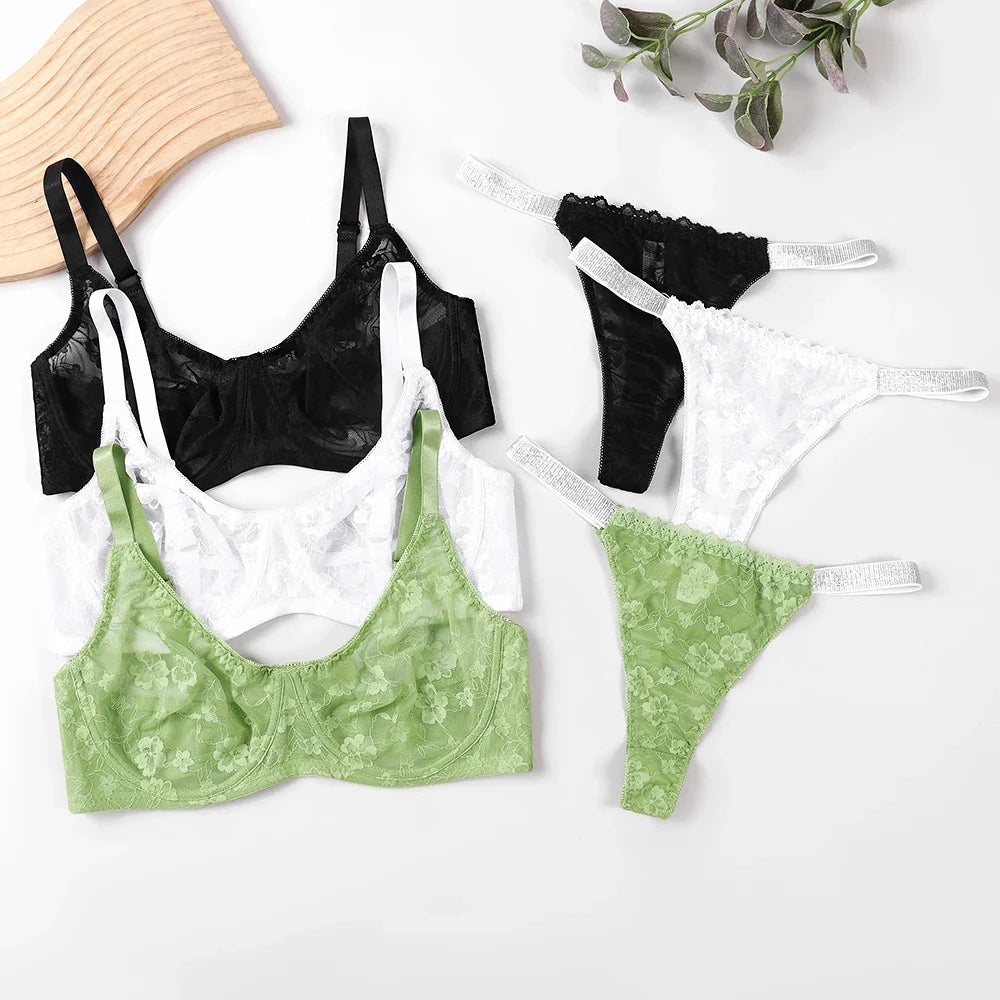 Sexy Floral Lace Womens Lingerie Set Breathable Erotic Bra And Briefs Sets Panties Thong Plus Size Underwear B C D E F Cup