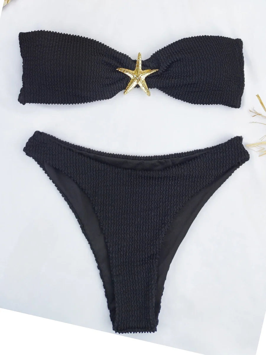 2026 Bandeau Bikinis Starfish Swimsuit Women Sexy Padded Swimwear Female Solid Beachwear Bathers Bathing Swimming Swim Suit