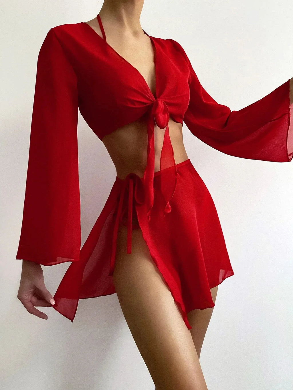 4PCS with Mesh Sarong Cover Up Long Sleeve Bikini Female Swimsuit Women Swimwear Four-pieces Bikini Bathing Suit Swim Beachwear