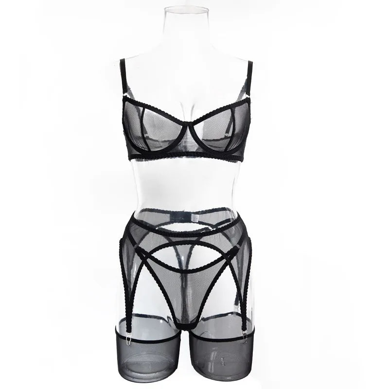 Toucheart Erotic Lingerie Comfortable Mesh Sexy Body Shaping Ultra-thin See-through Sexy Underwear Four-piece Set with Stockings