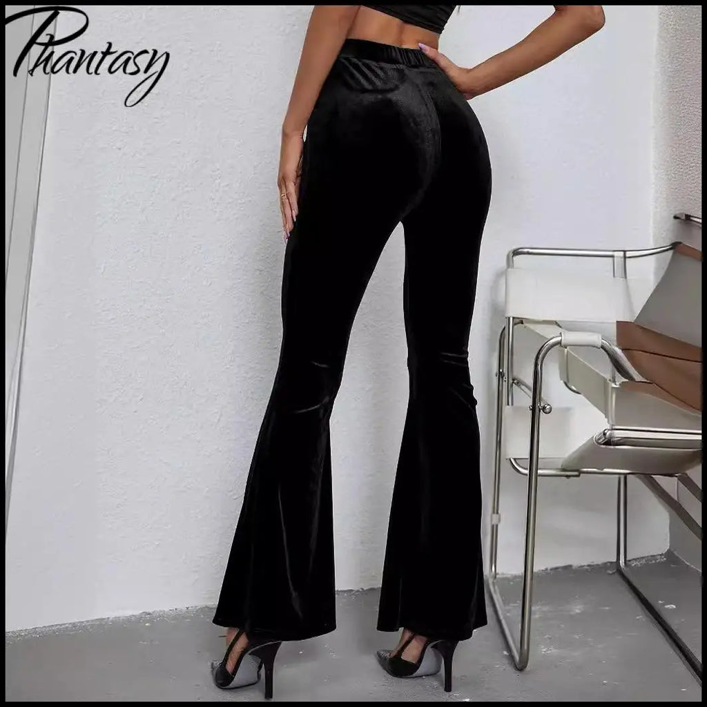 2026 Spring Fashion Velvet Pants Elegant Solid High-Waisted Slim-Fit Trousers Women's Flared Pants Streetwear Female Clothing