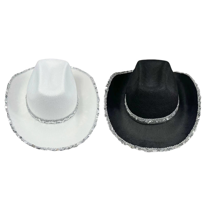 Women Shiny Sequined Wide Brim Cowboy Hat Western Style Sun Cap for Club Party