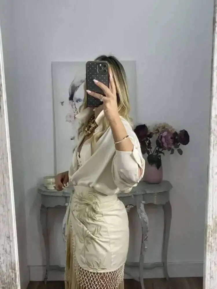 Embroidered Tassel Hem Skirt Elegant Women's Lace Up Mesh Hollow Out Short Skilt 2026 Summer New Chic Female Beach Holiday NT8W