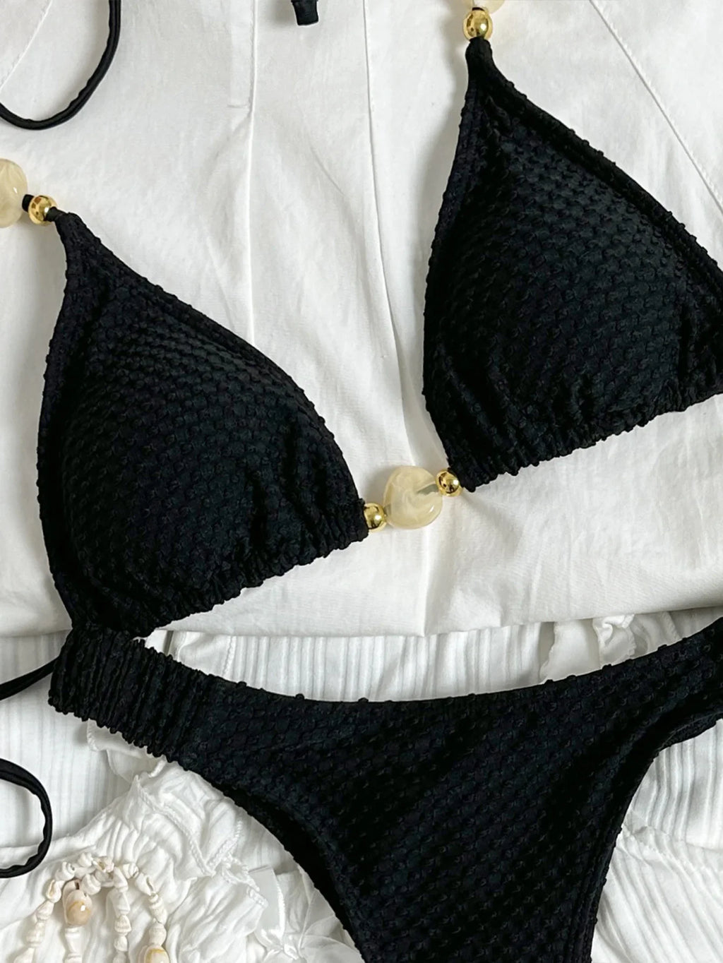Wrinkled Crinkled Halter Beads Bikini Female Swimsuit Women Swimwear Two-pieces Bikini Set Brazilian Bather Bathing Suit Swim