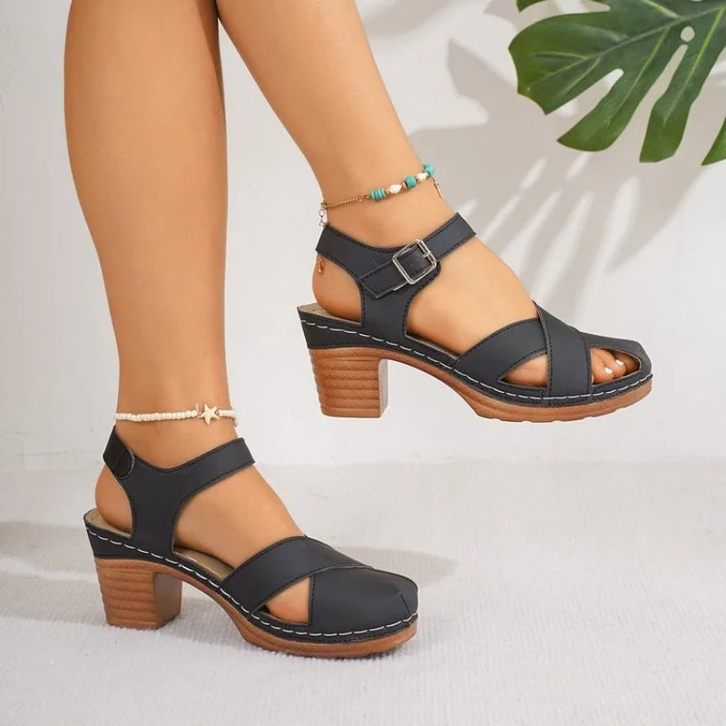 Summer  Thick High Heels Sandals Women Fashion Hook Loop Platform Sandles Woman Plus Size Cross