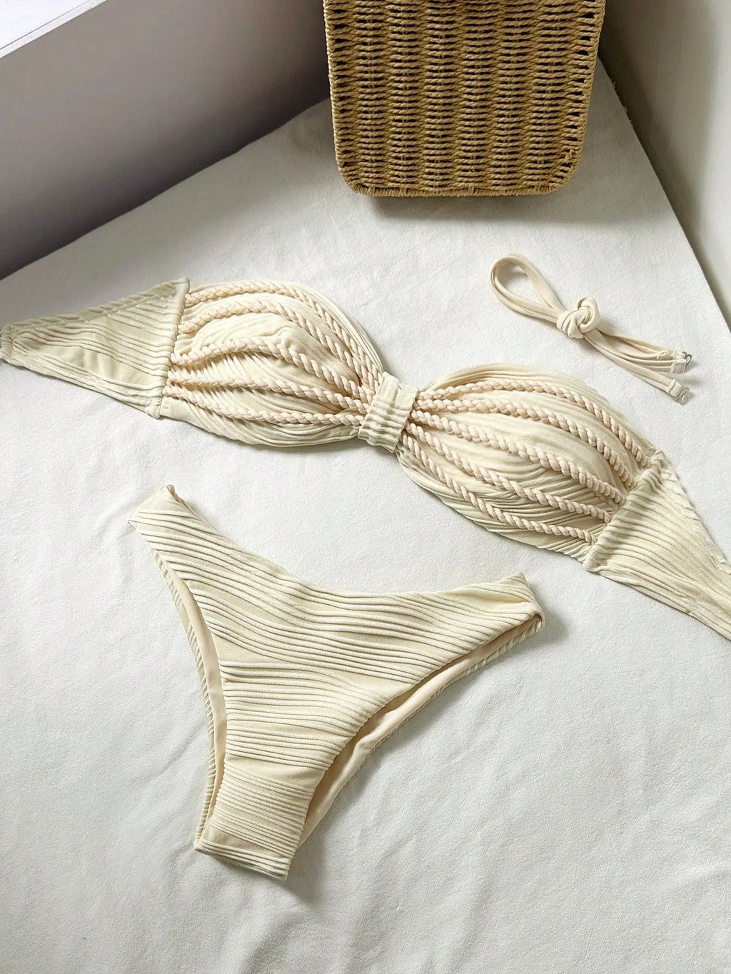 Sexy Bandeau Bikini 2026 Women Coffee Braiding Rope Pleate Tie Push Up High Waist Swimsuit Beach Holiday Bathing Suit Swimwear