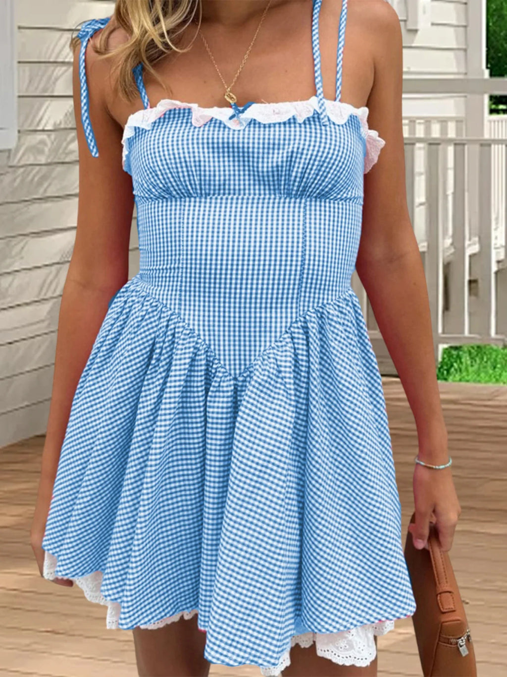 Summer Plaid Mini Cami Dress for Women Fashion Slim Ruffle Trim Tie-up Spaghetti Strap A-line Dresses for Daily Party