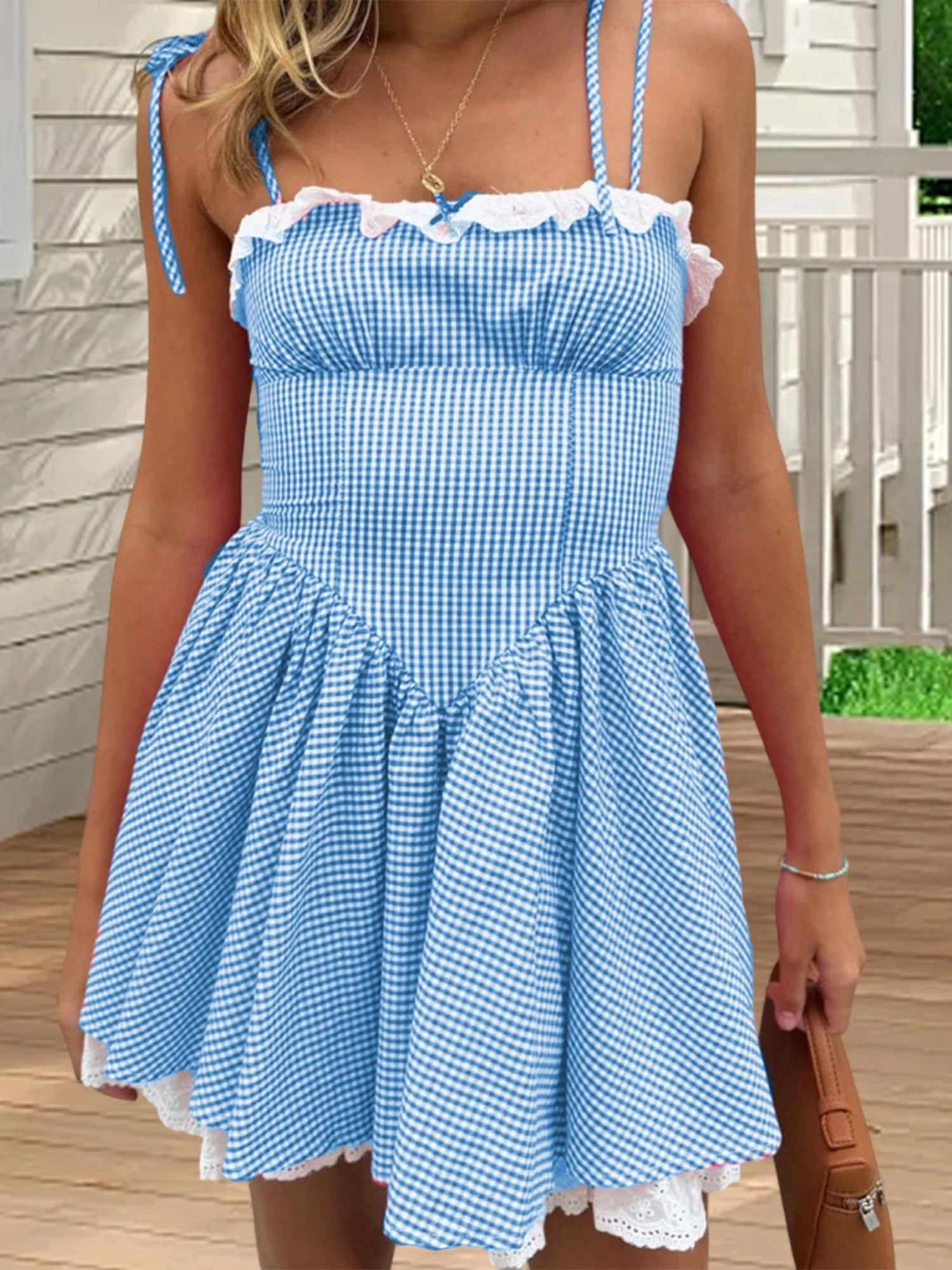 Summer Plaid Mini Cami Dress for Women Fashion Slim Ruffle Trim Tie-up Spaghetti Strap A-line Dresses for Daily Party