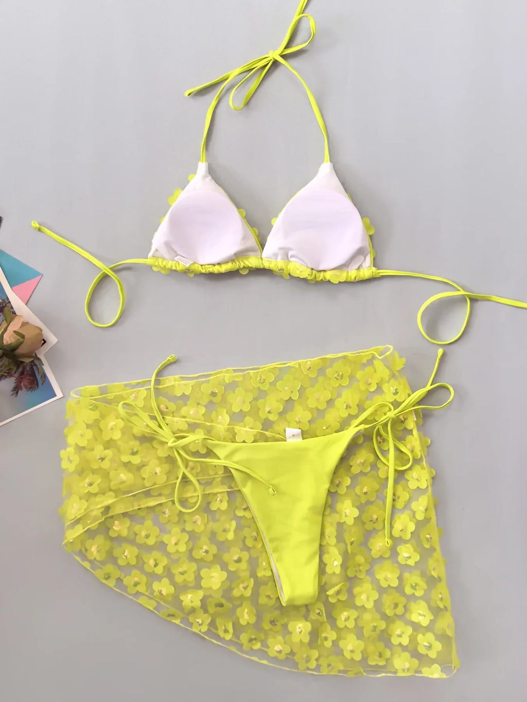 Women Yellow flower Bikinis Sets Three Pieces with Perspective Mesh Cover Skirt Halter String Swimsuit Bathing Suit Biquini
