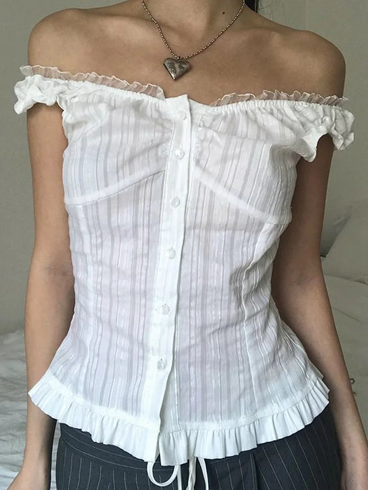 Phantasy Y2K Women Tops White Lace T-Shirt Button Tees Vintage French Style Tops 2025 Spring Summer Tops Female Streetwear