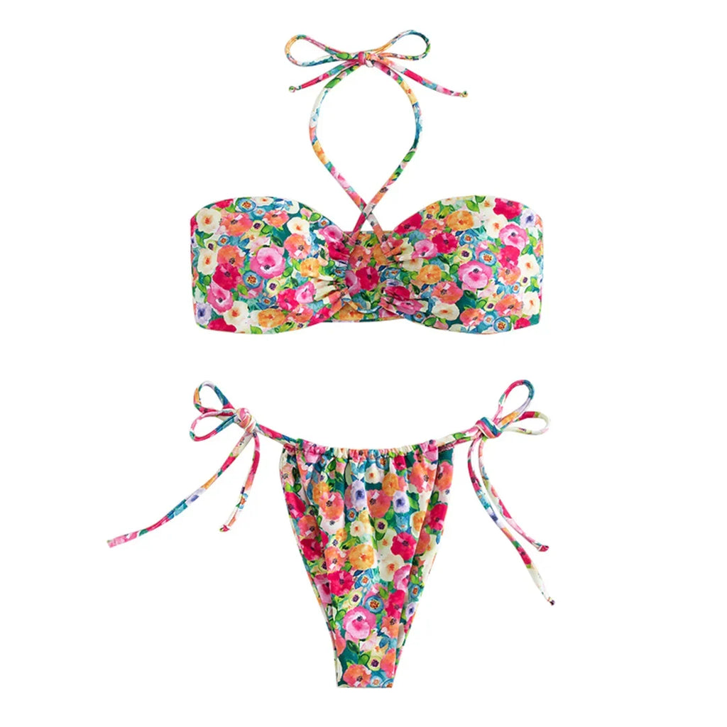 Sexy Floral Printed Halter Lace Up Bikini Female Swimsuit Women Swimwear Two-pieces Bikini set Bather Bathing Suit Swim K5026