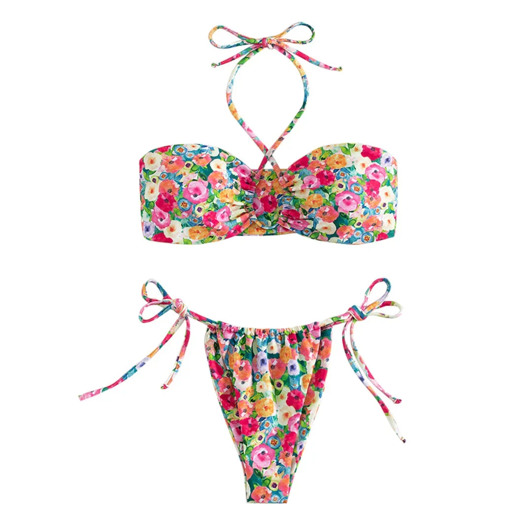 Sexy Floral Printed Halter Lace Up Bikini Female Swimsuit Women Swimwear Two-pieces Bikini set Bather Bathing Suit Swim K5026