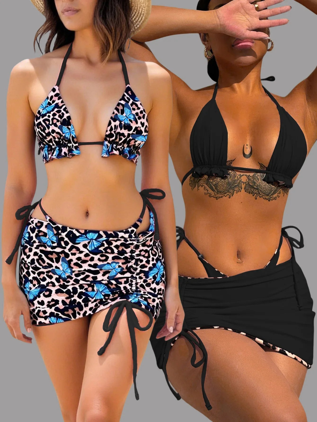 Summer Leopard Patchwork Women's 3 Pieces Suit Swimwear Sexy Halter Lace-up Micro Bikini Set+skirt Cover Up Reversible Beachwear