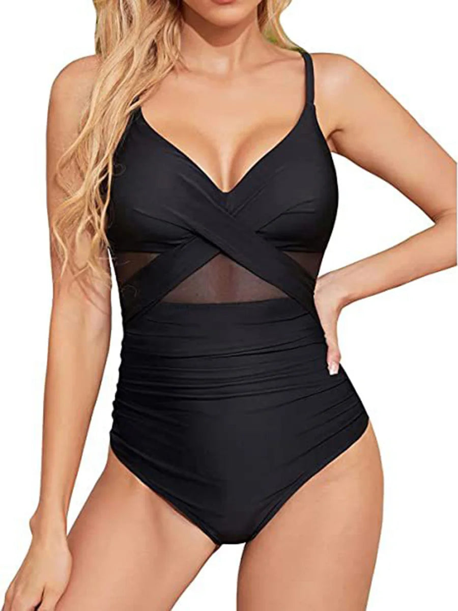 S - XXL Sexy Mesh See Through Women Swimwear One Piece Swimsuit Women's Swimwear Ruched Push Up Bathing Suit Swim Beach Wear