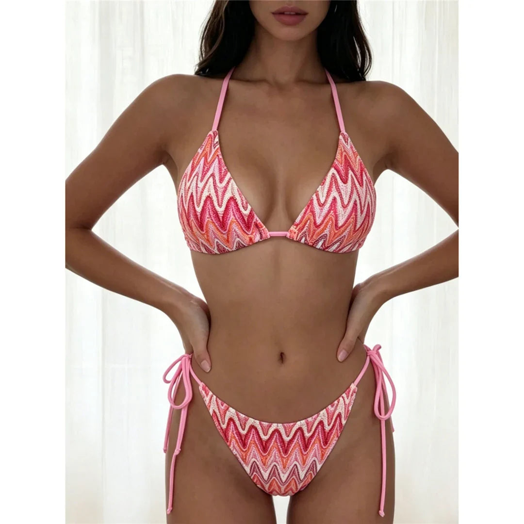 Printed Halter Bikini Female Swimsuit Women Swimwear Two-Pieces Bikini Set High Leg Cut Strappy Bather Bathing Suit Swim V8176