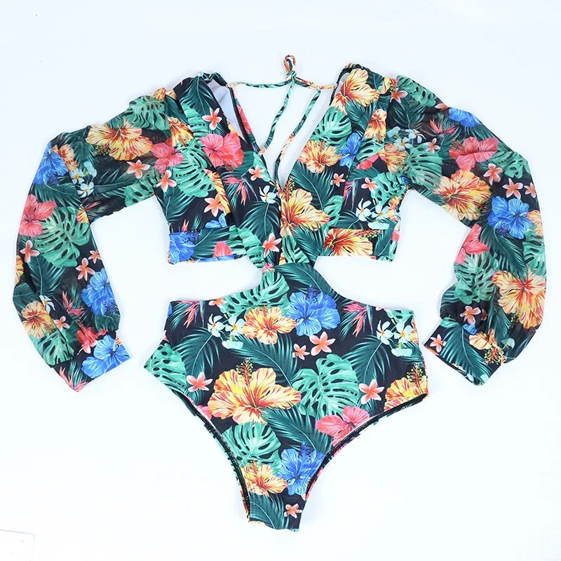 TW Sexy High Waist One Piece Swimsuit Women V Neck 2024 Long Sleeve Bathing Suit Brazilian Swimwear Monokini Summer Beachwear