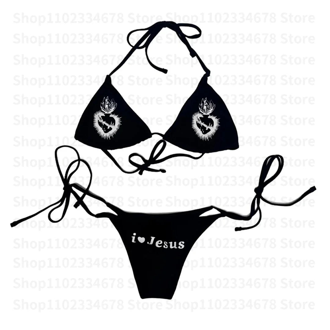 2000s Emo Girls Letter Print Bikini Set Sexy Thong Swimsuit Two Pieces Bathing Suit Punk Gothic Fashion Women Swimwear Y2k Style