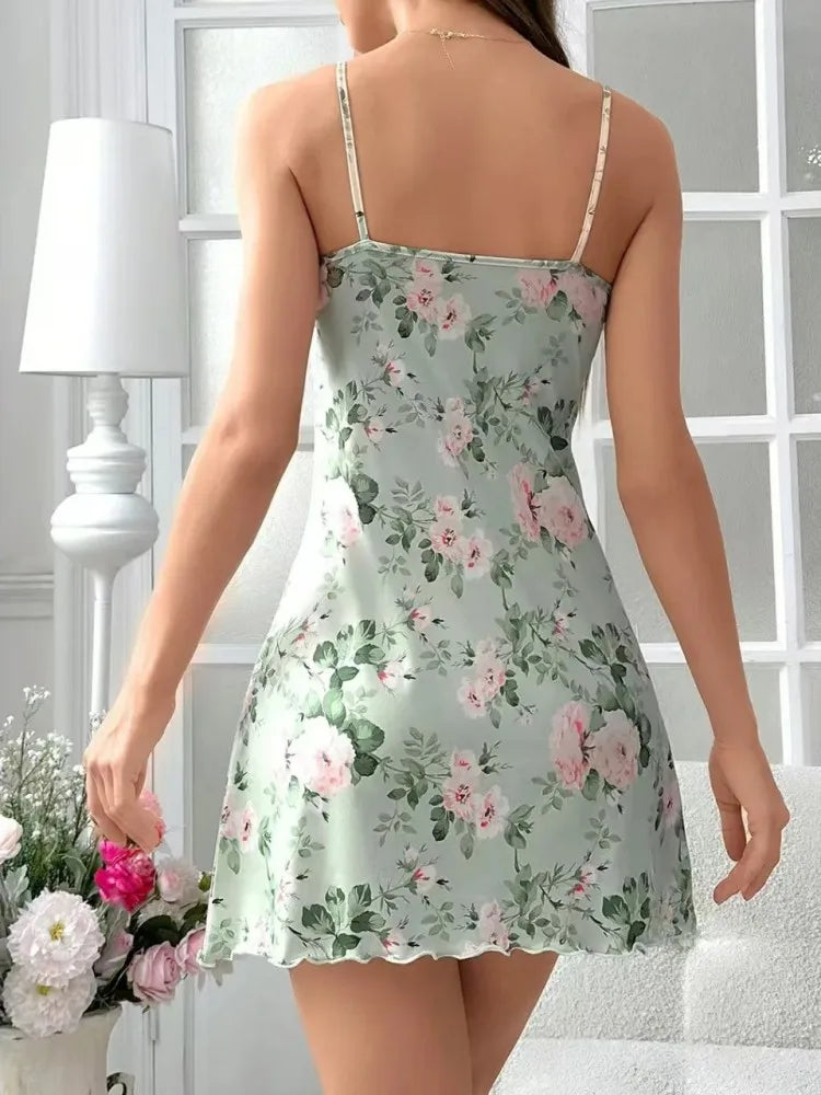 Summer Sleepwear Vintage Green Floral Print Nightdress Women Nighties Slip Sleep Dress Nightgown Comfortable Home Wear