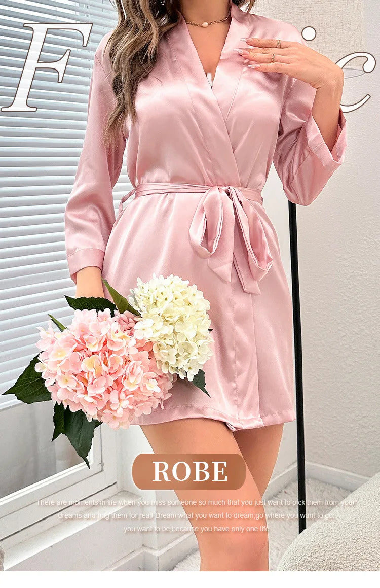 Women's Short Kimono Robe Silky Satin Bathrobe Bride Bridesmaids Getting Ready Sleepwear Soft Nightgown