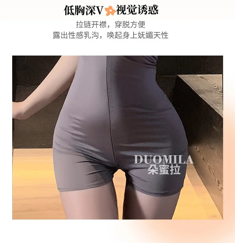 Sexy Schoolgirl Two-way Zipper Open Chest Crotch Bodysuits Deep V Suspenders Sleeveless Bodysuits Charming Thin Casual Hot 15T6