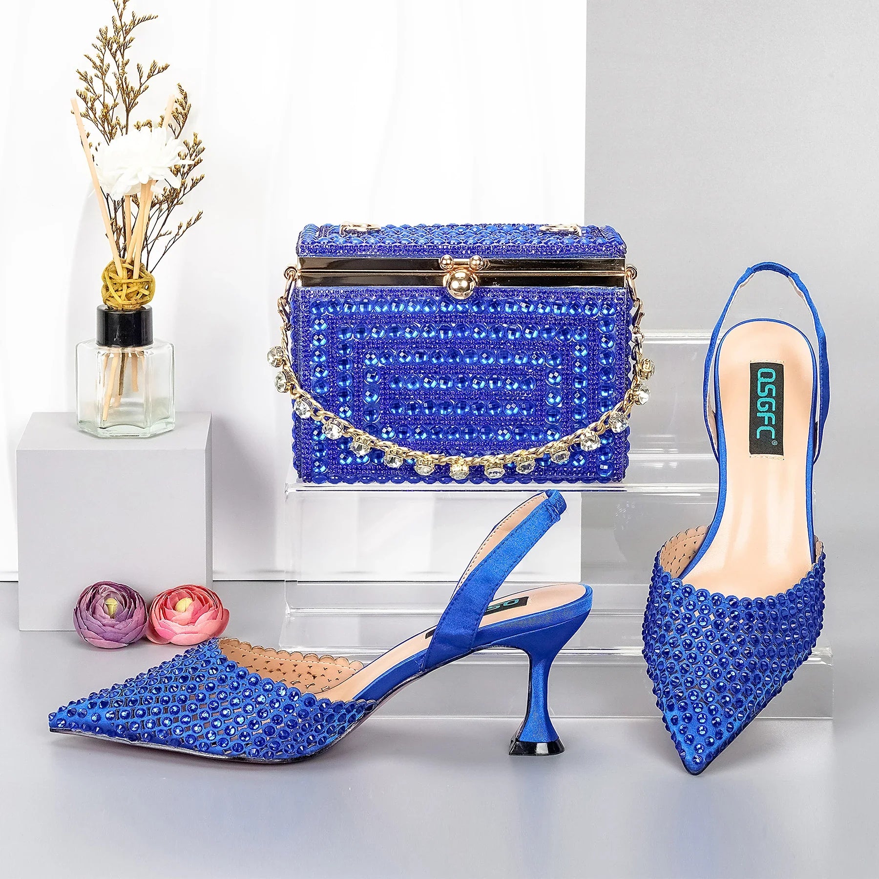 Doershow beautiful Italian blue Shoes And Bag Sets For Evening Party With Stones Italian Leather Handbags Match Bags! 1-39