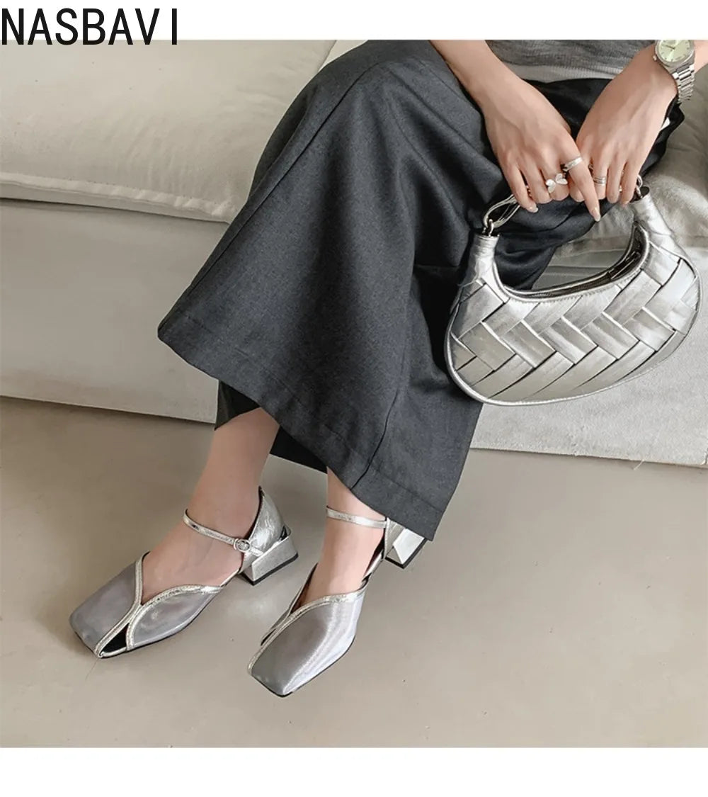 Summer Shallow Women Silver Flats Square Toe Design Beach Sandals Black Mesh Breathable Organza Mary Janes Chaussure Femmes