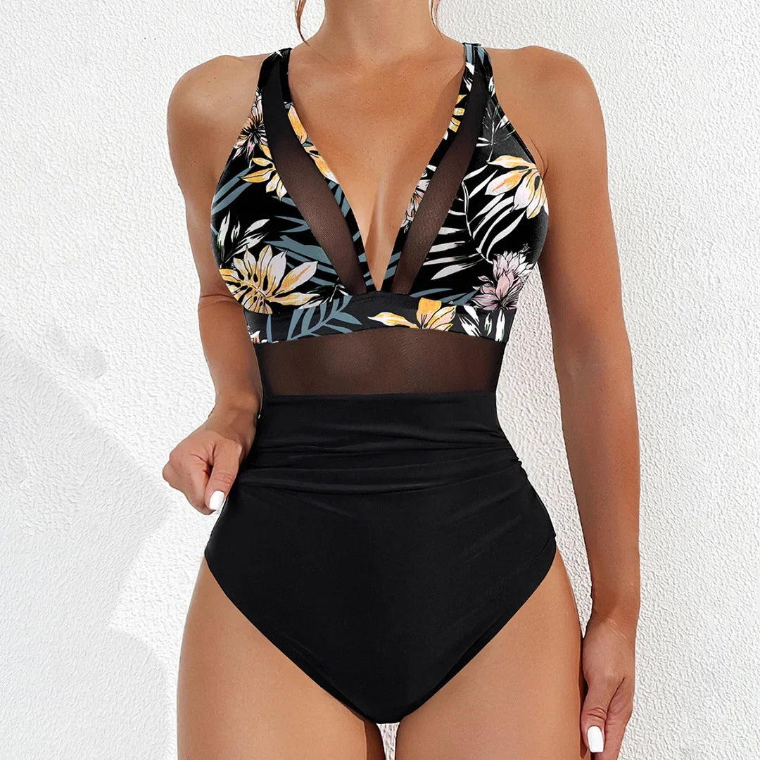 S - XL New Sexy Mesh Sheer V Neck Women Swimwear One Piece Swimsuit Female High Leg Cut Monokini Bather Bathing Suit Swim V5136