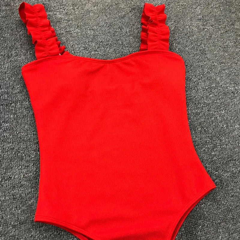 Ribbed Ruffled Frilled Trim Female Swimwear One Piece Swimsuit Women Monokini High Leg Cut Bathing Suit Swim Bodysuit Beach Wear