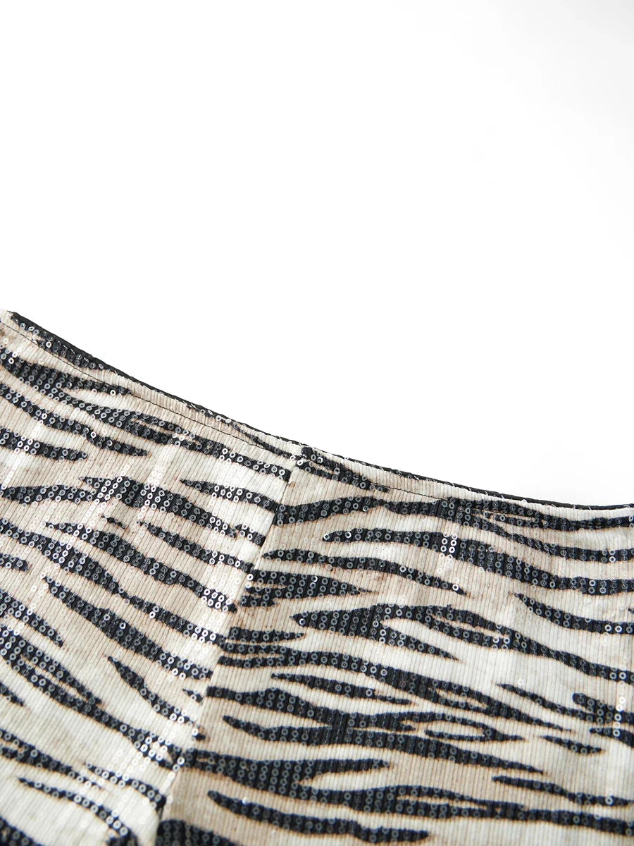 Women's Summer Hot Shorts Zebra Print Low Waist Sequin Short Pants Streetwear for Party