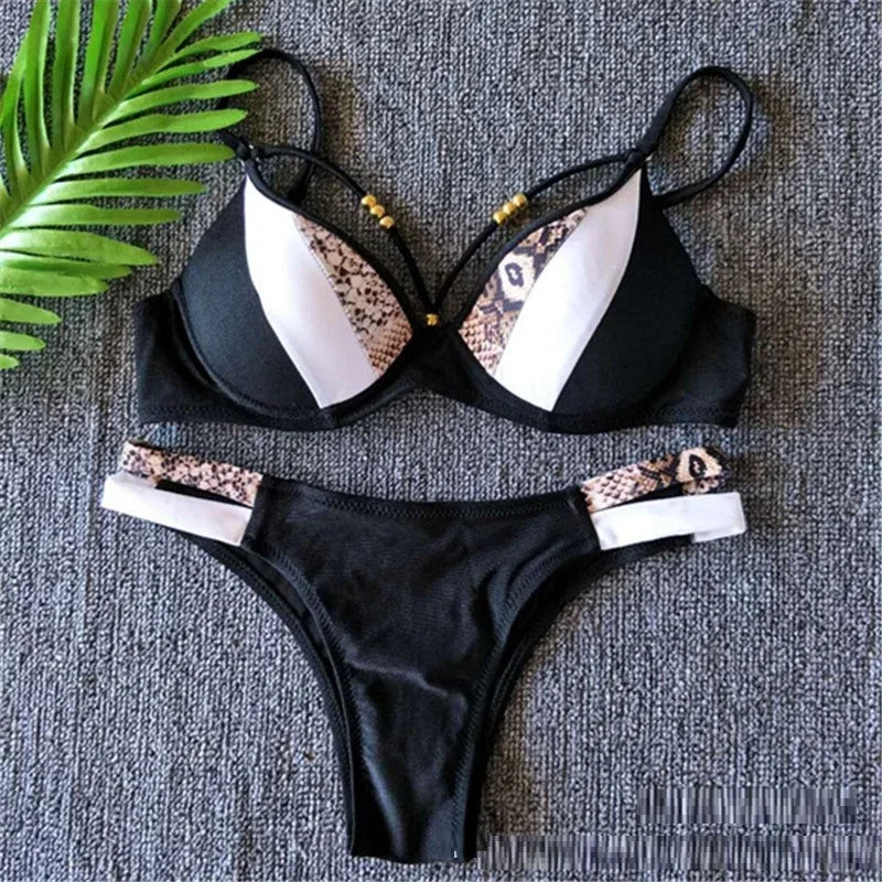 Leopard Splicing Bra Cup Bikini Women Swimsuit Female Swimwear Two-pieces Bikini Set Push Up Bather Bathing Suit Swim Beach Wear