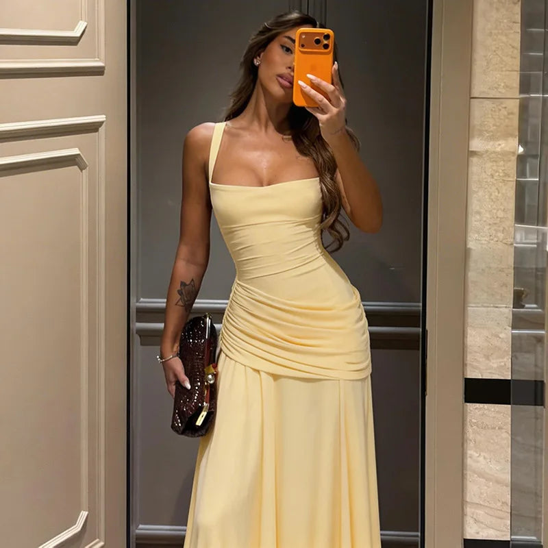 FDYOUI New Fashion Sleeveless Bandage Long Evening Dresses for Women 2026 Spaghetti Strap Lace-up Tunics Folds Party Prom Dress