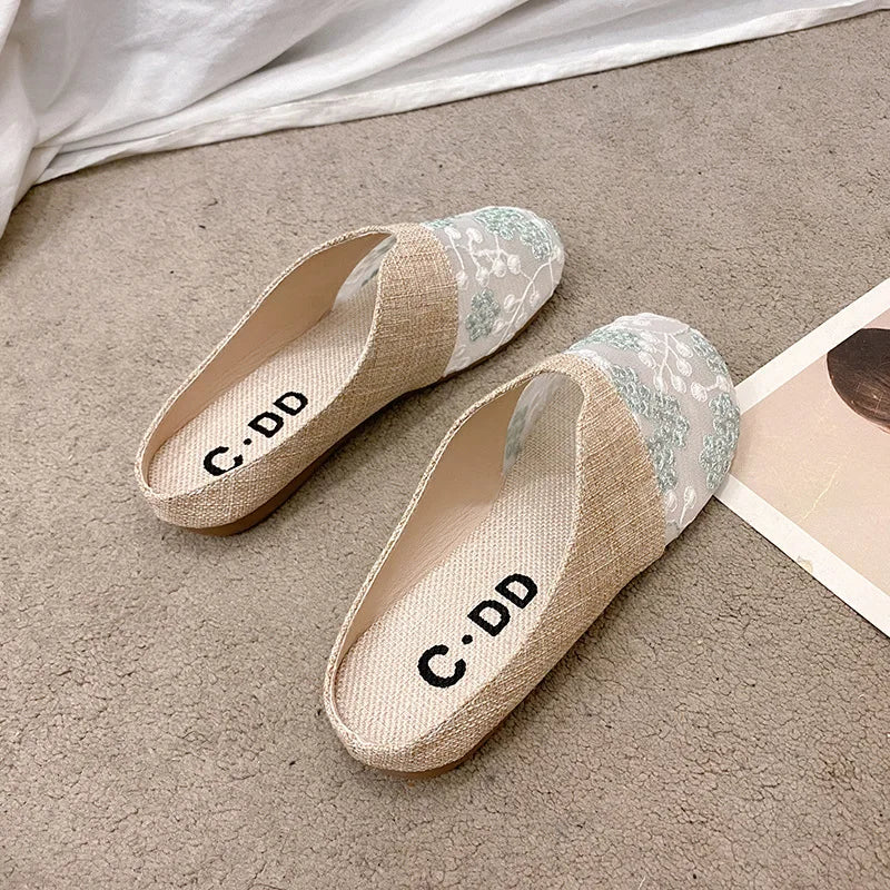Breathable Mesh Linen Slippers For Women Summer Flat Shoes Anti-slip Female Indoor Outdoor Slides Office Lady Walking Sandals