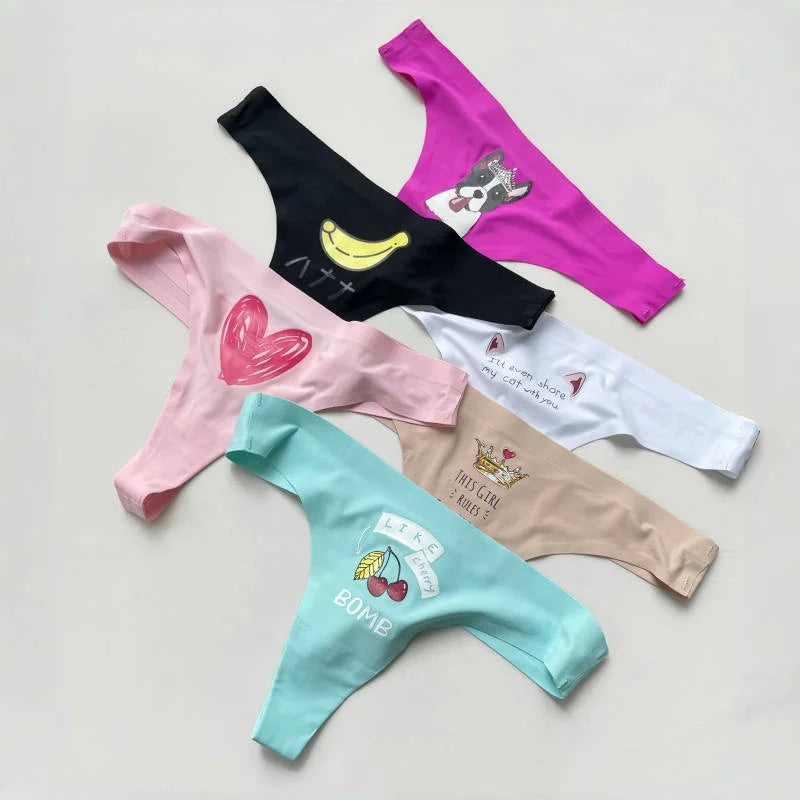 Seamless Sexy Thong Women Underwear Briefs Panties Dog Heart Banana Flower Low Rise Yoga G String Bikini Girls Female Panty