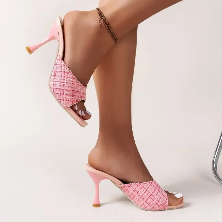 High Slippers Women Pumps Peep Toe Mules Sandals Sexy Office Lady Stiletto Sandals Thin Heels Pink Wedding Shoes 2025