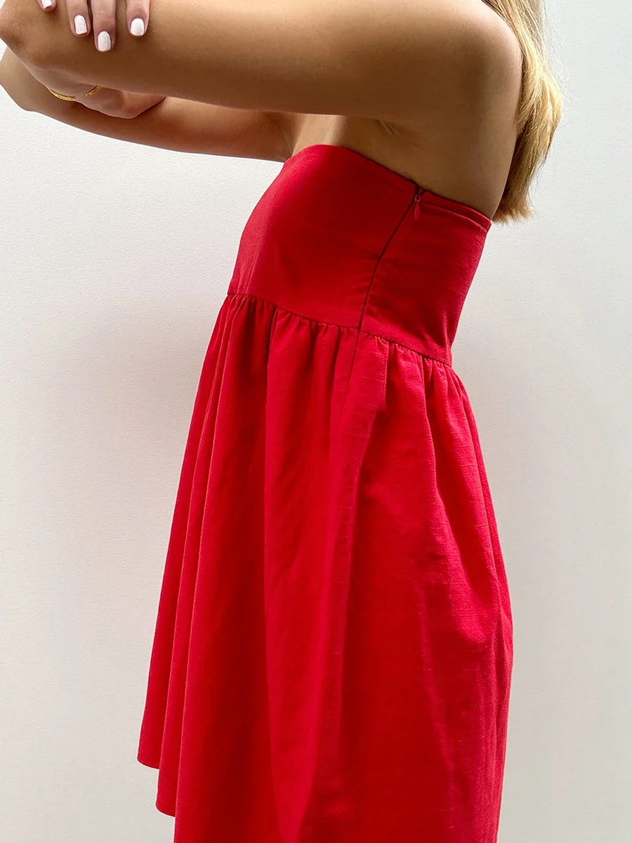 Women Sleeveless Strapless Backless Mini Dresses Summer Solid Color A-line Dress