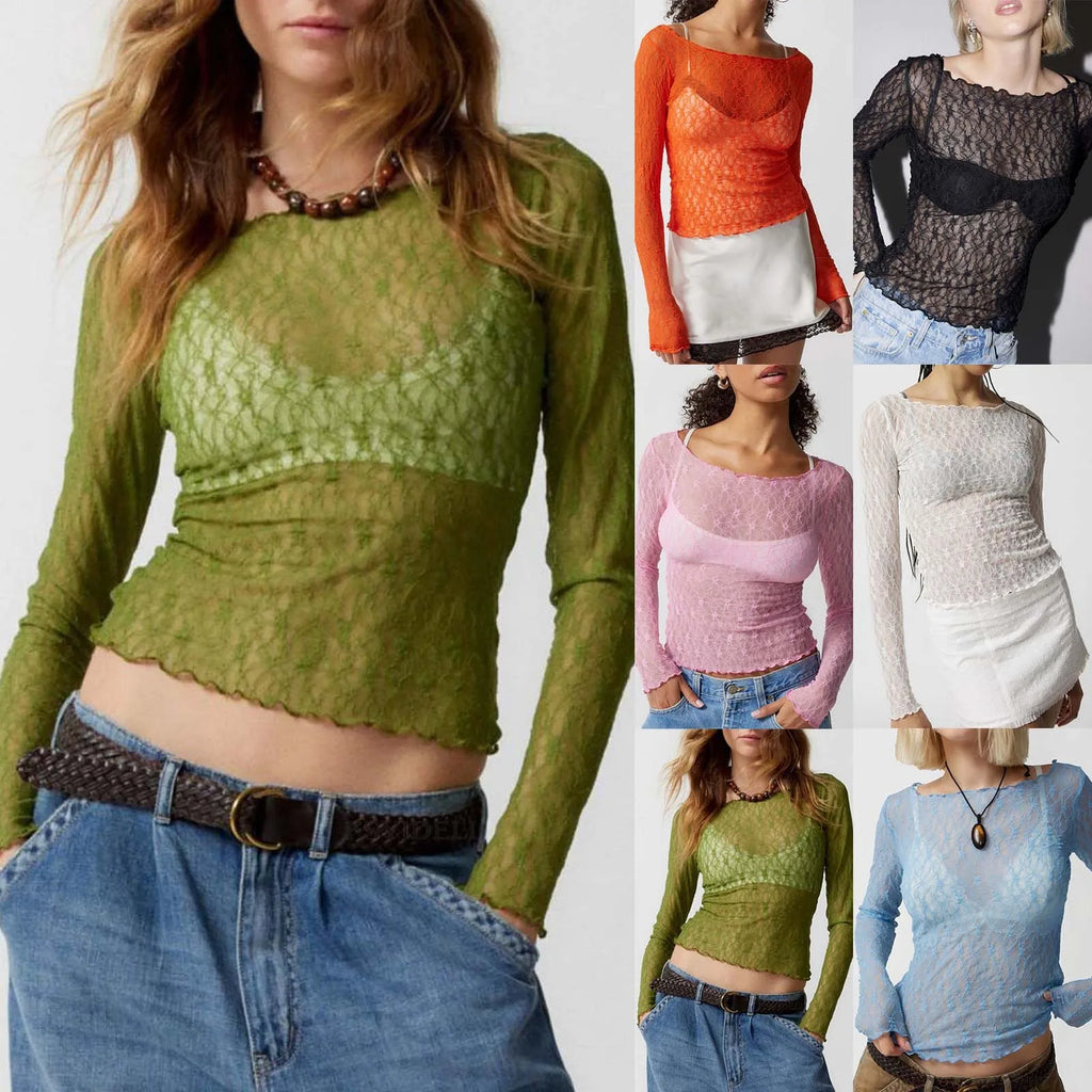 Sexy Lace Hot Girl Crop Tops Fashion Women Spring Autumn Long Sleeve Slim Fit Sheer T-Shirts Casual Streetwear Solid Basic Tees