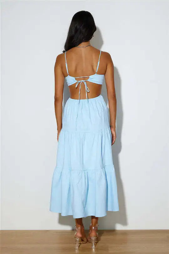 Spaghetti Strap Vacation Long Dress For Women Summer 2025 Fashion Elegant Sleeveless Backless Hollow Out Vestidos Party Dresses