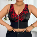 Plus Size Baddie Lingerie Set, Embroidered Zipper Front Deep V Wireless Push-up Bra