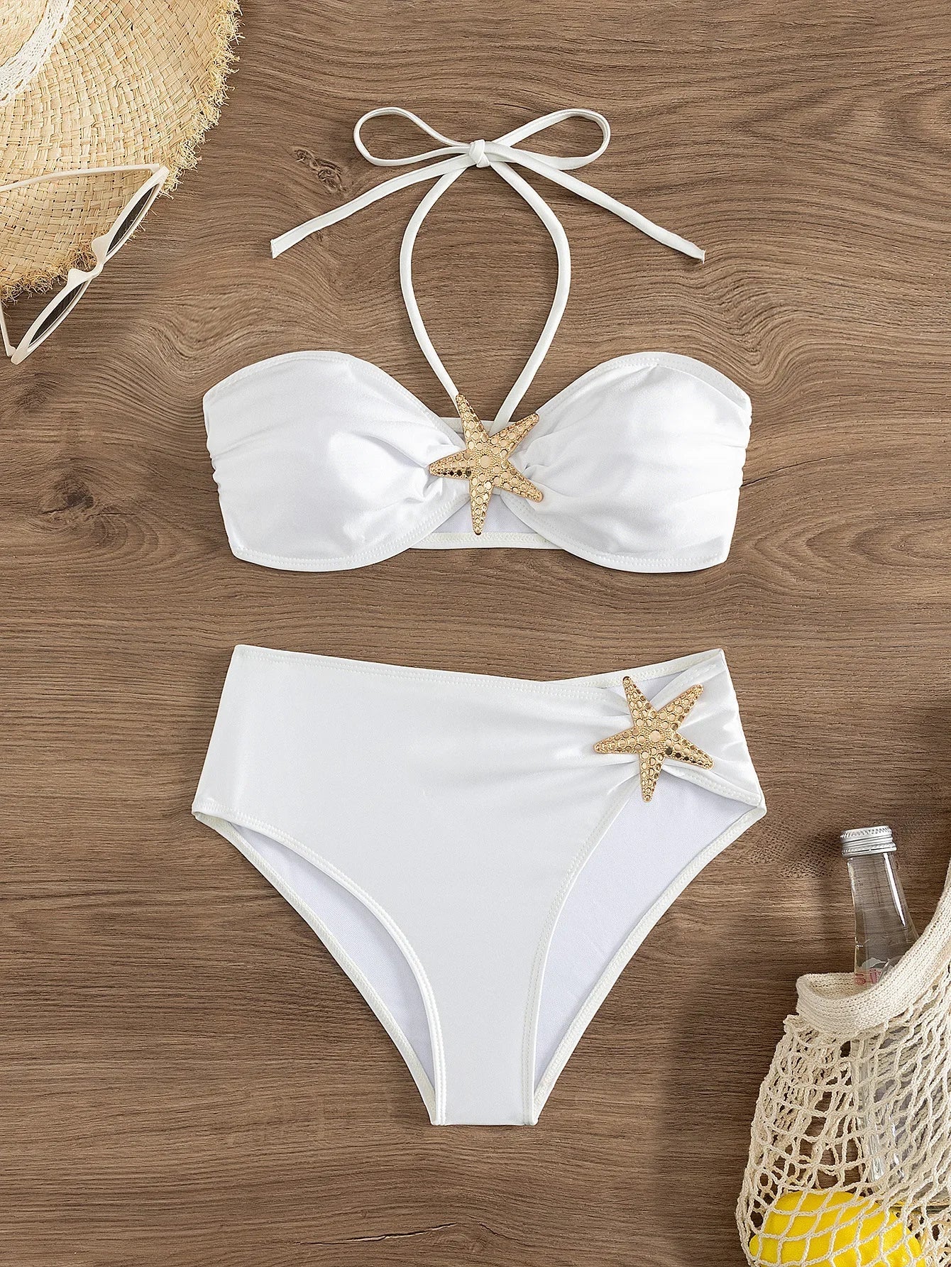 Sexy White Starfish Bikinis Sets 2025 Women Pleate Push Up High Waist Swimsuit Summer Bathing Suit Holiday Two Piece Swimwear