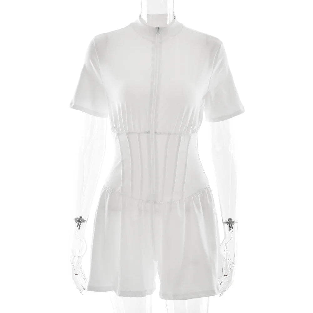 FDYOUI New 2026 Summer Zip-up Corset Playsuits Women Casual Short Sleeve Sports Fitness Overalls One Piece Tunics Yoga Bodysuit