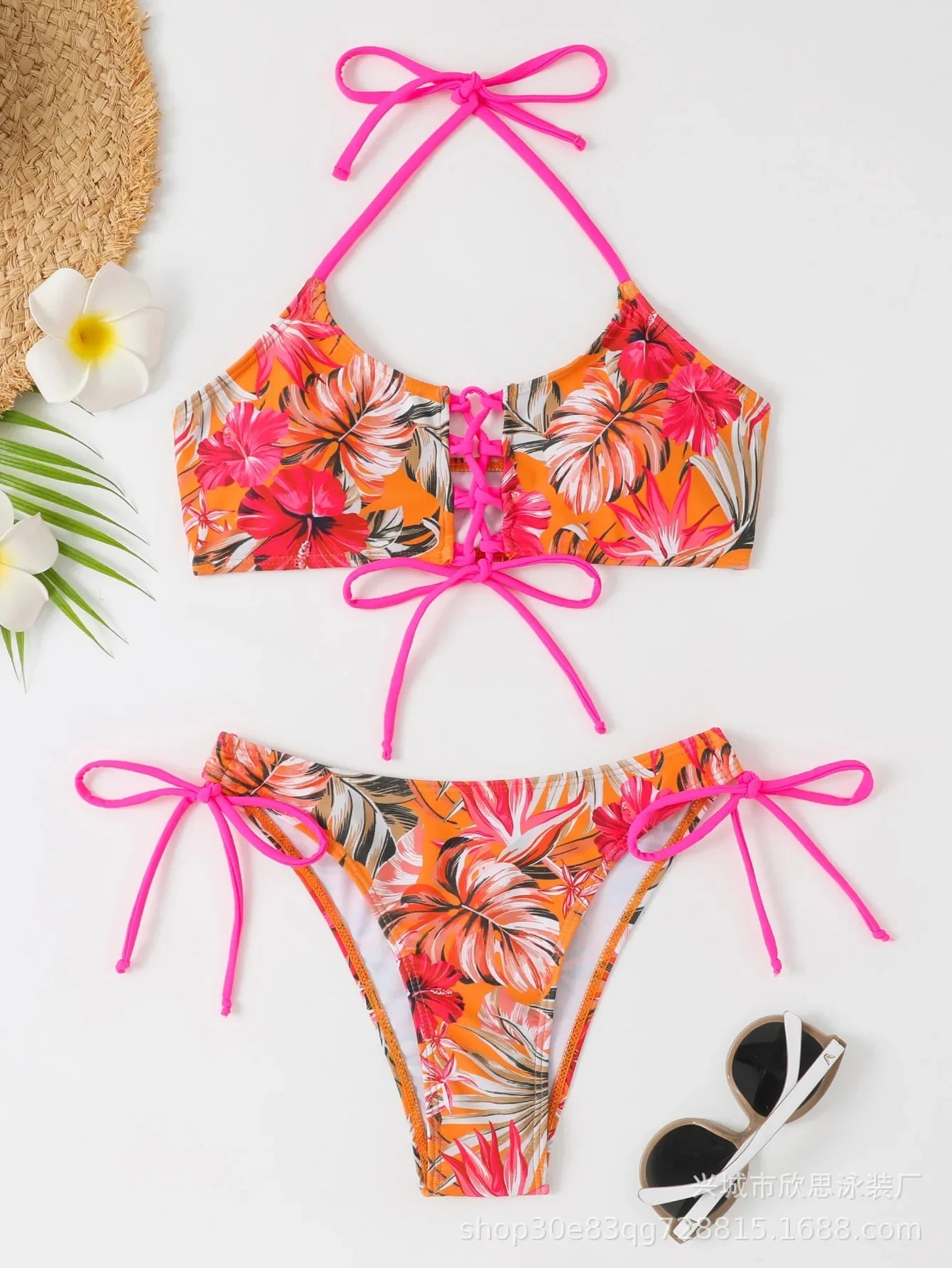 New Cross-Strap Split Beach Sets Women's European & American Sexy Print Bikini Set for Foreign Trade Fashion Swimsuits