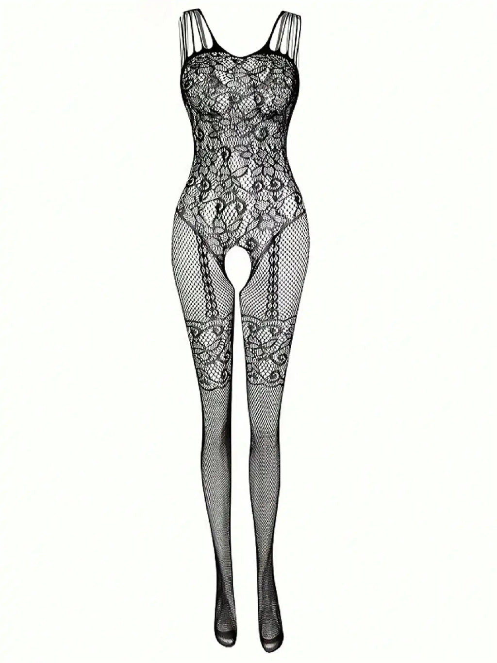 1pc Sexy Lingerie Open Bust & Crotch Hollow Out Lace Bodystocking, Backless Fishnet Romper For Women