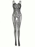 1pc Sexy Lingerie Open Bust & Crotch Hollow Out Lace Bodystocking, Backless Fishnet Romper For Women