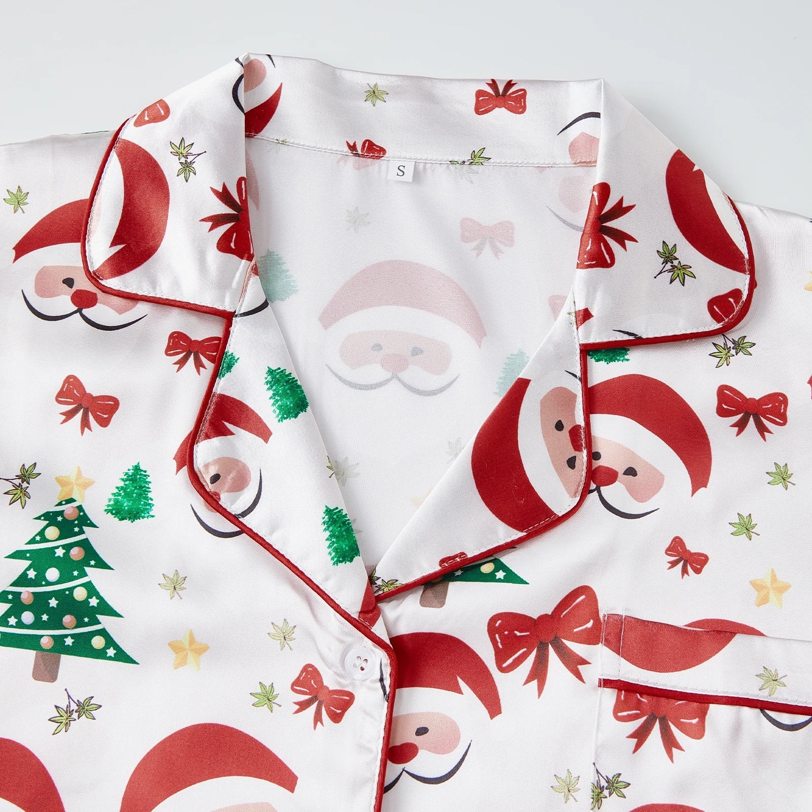 Women's Christmas Satin Pajama Set Long Sleeve Lapel Santa Claus/Christmas Tree Print Shirt Shorts Two Pieces Sleepwear