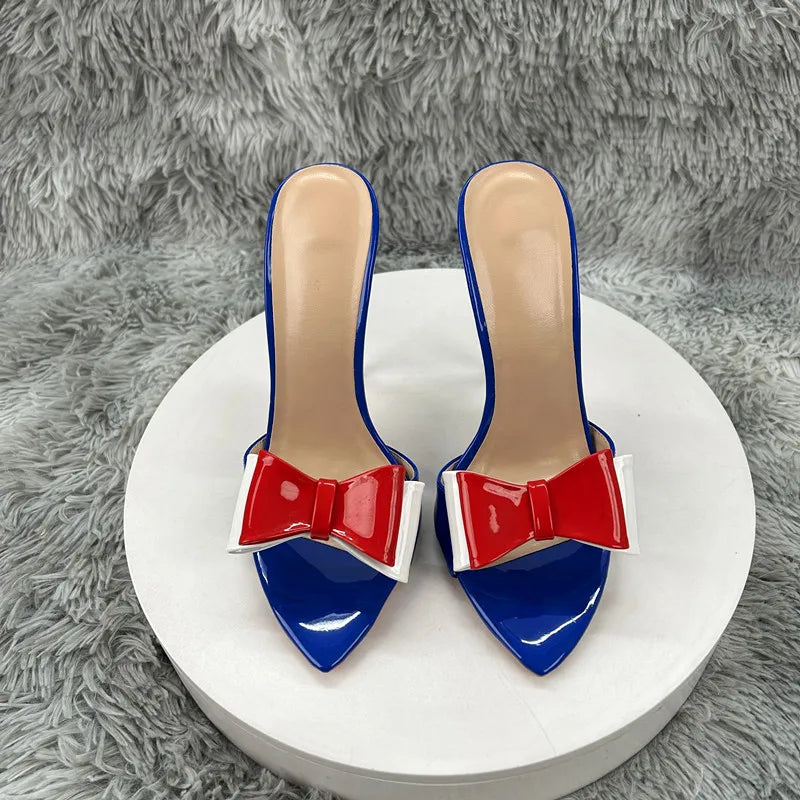 blue patent leather Pointy Toe  Sandals With  Bow Women Summer Casual Thin High Heel Shoes Female Outfit Evening Cross Strap Mul