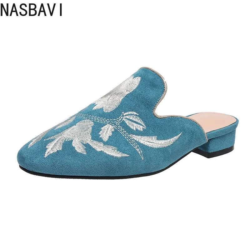 NASBAVI Fashion 3d Embroidery Mules Women Fur Slippers Velvet Shoes Ladies Low Heel Flower Decoration Sandals Women's Flip Flops
