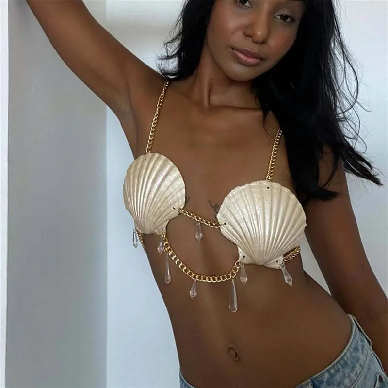 Women's Sea Shell Bra Halter Neck Tank Tops Metal Chain Crystal Body Chain Bralette Vest for Summer Hawaiian Parties