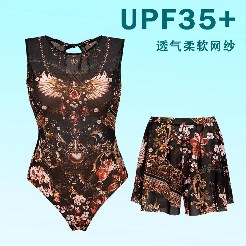 UPF 35+ Retro Sleeveless Swimwear Bodysuit High-end Mesh One Piece Swimsuit Women 2026 Sexy High Cut Bathing Suit with Cover Up